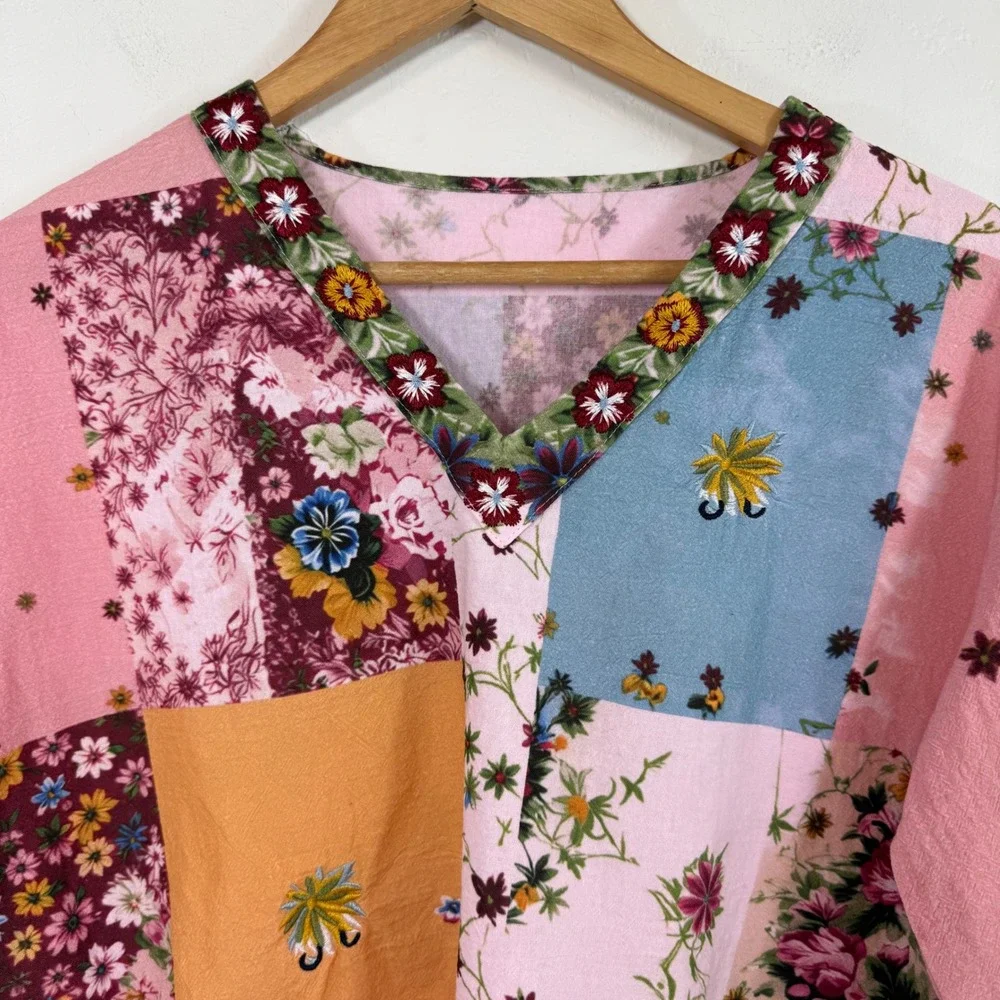 Patchwork Floral Embroidered Blouse Cottagecore Boho Indie Top Pink Korea Made S